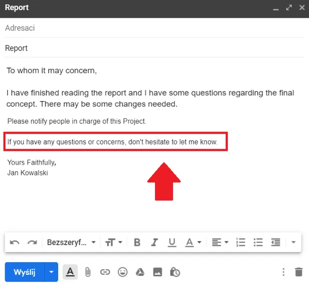 e-mail po angielsku uwagi